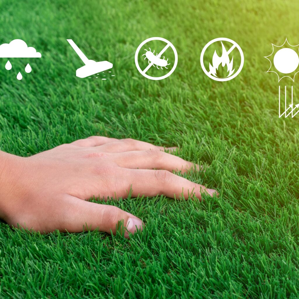 Hand touching artificial turf